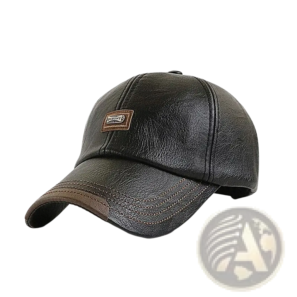Dark brown leather men baseball cap with a small rectangular patch winter warm and adjustable design