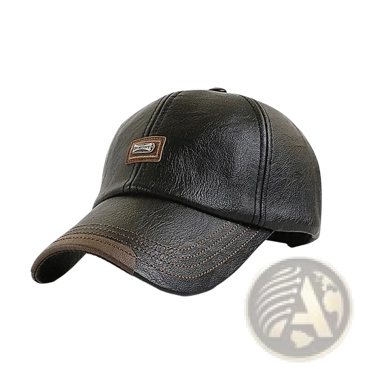 Dark brown leather men baseball cap with a small rectangular patch winter warm and adjustable design