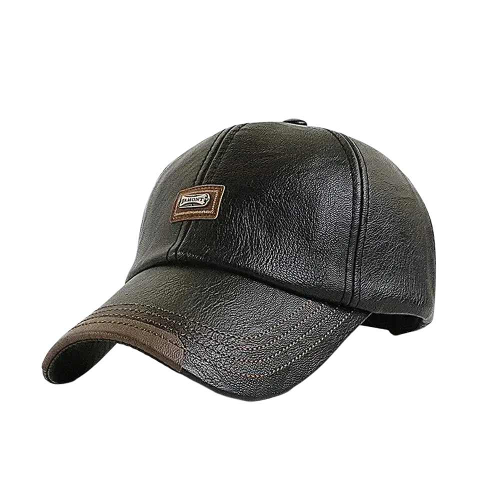 Black faux leather baseball cap with brown stitched brim and adjustable warm design for men leather baseball cap winter use