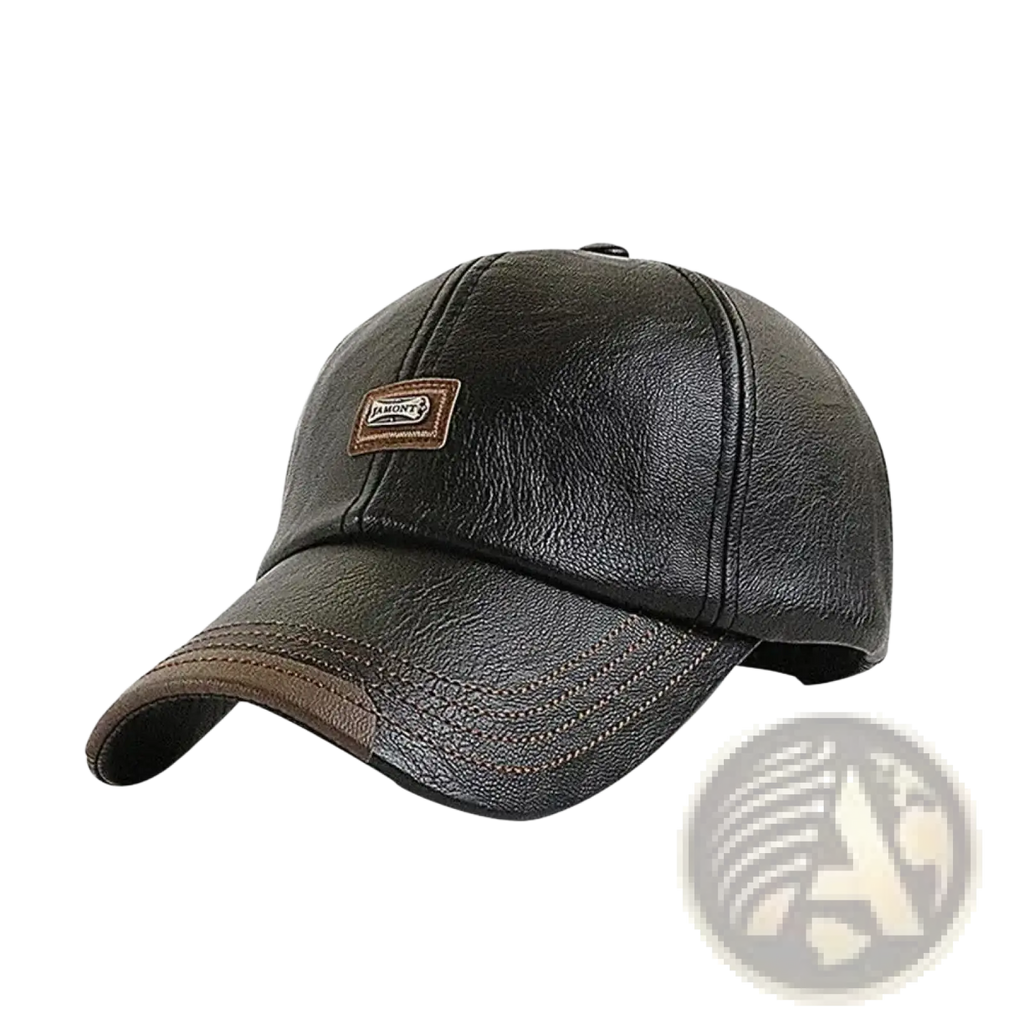 Men leather baseball cap in black faux leather with brown rectangular patch winter warm adjustable design