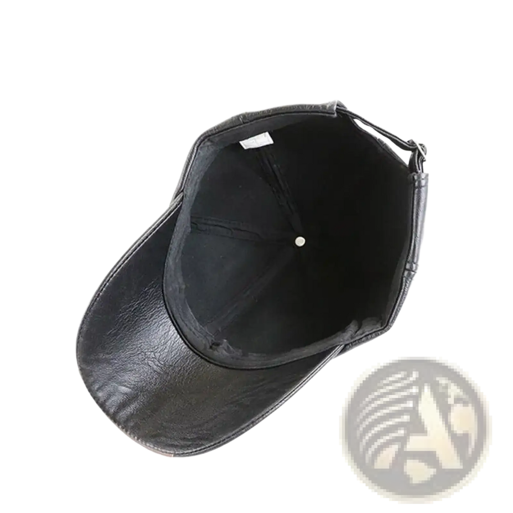 Black faux leather men leather baseball cap with curved brim and adjustable strap for winter warmth