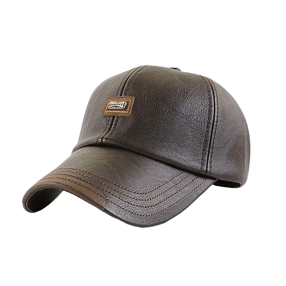 Brown leather baseball cap with a small rectangular patch, winter warm and adjustable for men