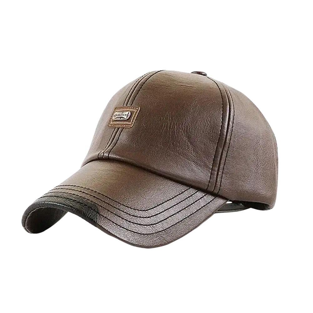 Brown faux leather men leather baseball cap winter warm adjustable with a small rectangular patch on the front
