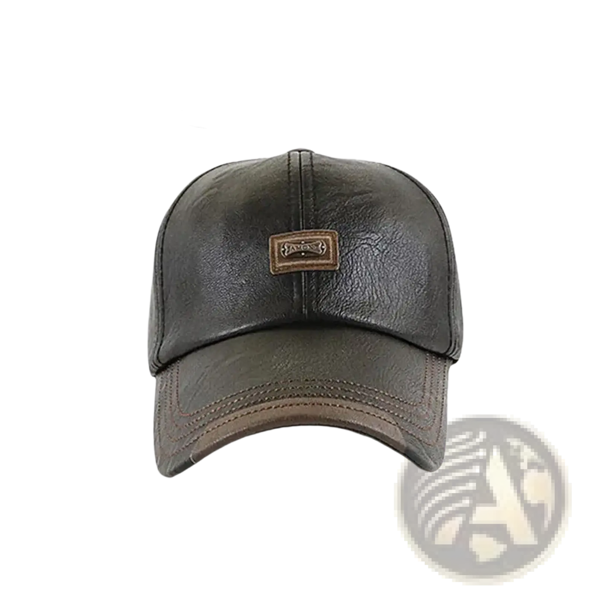 Dark olive leather men’s baseball cap with a brown rectangular patch winter warm adjustable design