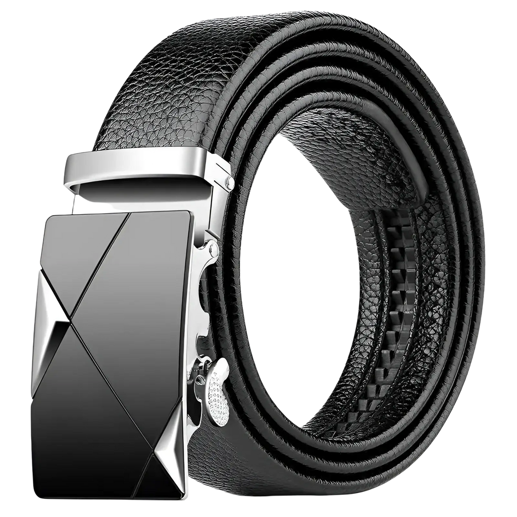 Men leather belt in black pu with a sleek geometrically patterned silver-toned automatic buckle