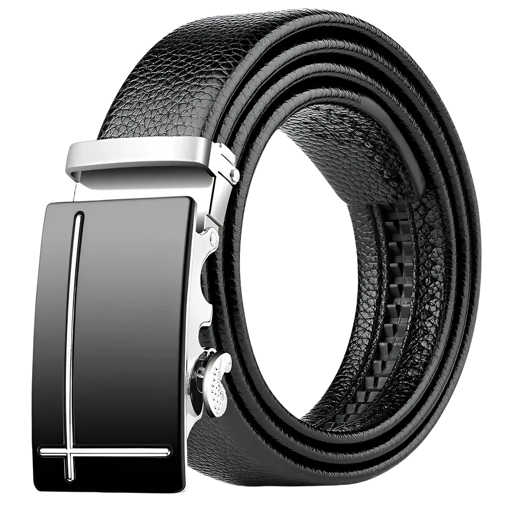 Men leather belt with a sleek automatic buckle featuring a glossy black plate and polished silver hardware