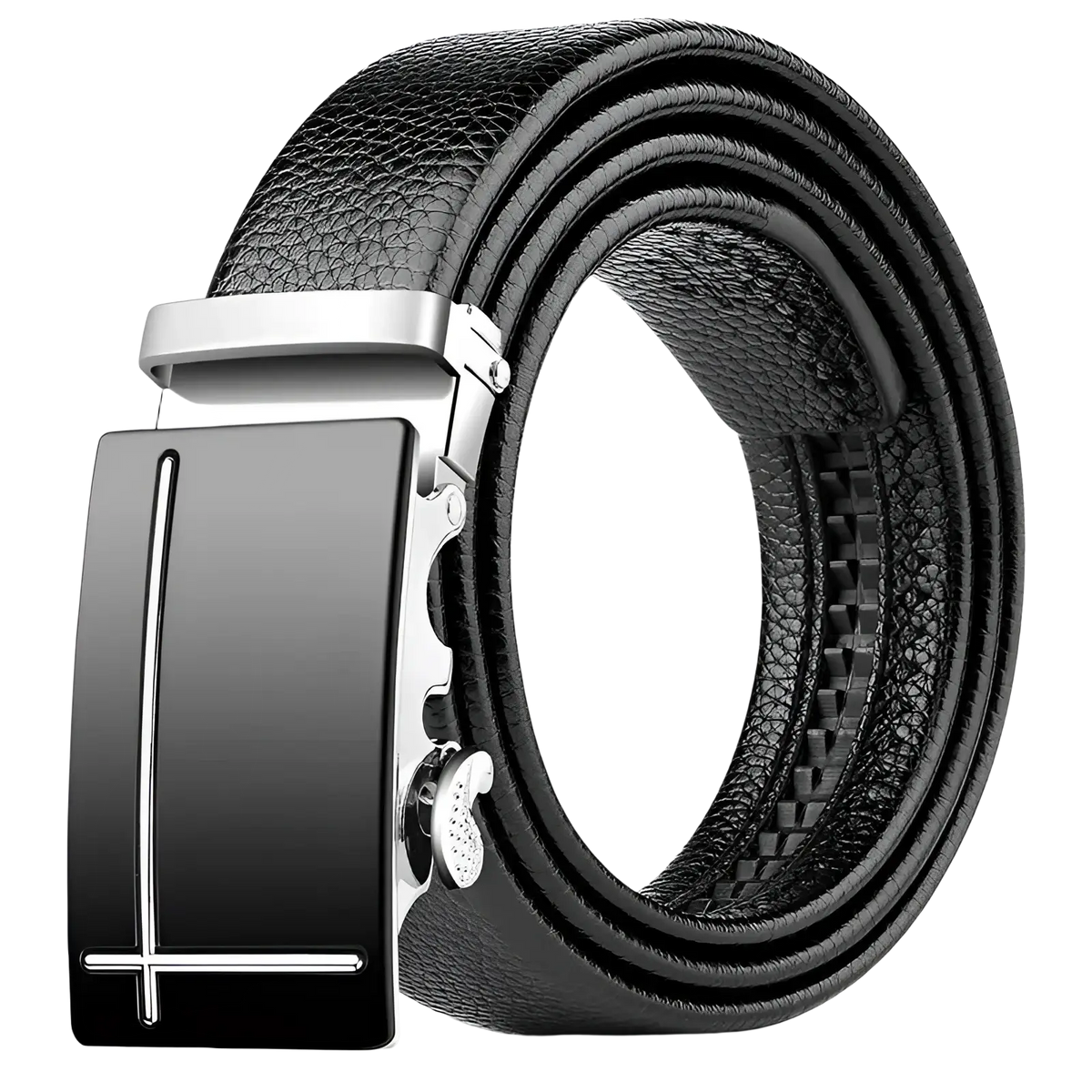 Men leather belt with a sleek automatic buckle featuring a glossy black plate and polished silver hardware