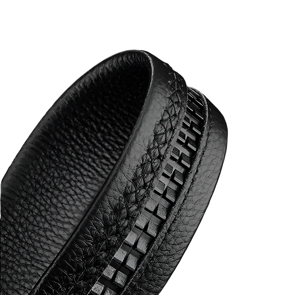 Men leather belt automatic buckle black pu waistband with textured surface and stitched zipper detail along the edge