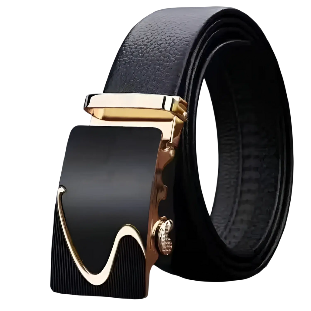 Men leather belt automatic buckle black pu waistband with gold-toned curved buckle and diamond accent