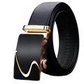 Men leather belt automatic buckle black pu waistband with gold-toned curved buckle and diamond accent