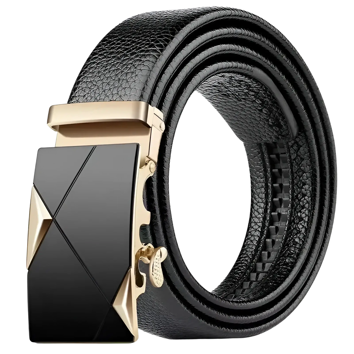 Men leather belt with black pu waistband and gold-tone geometric automatic buckle for formal wear