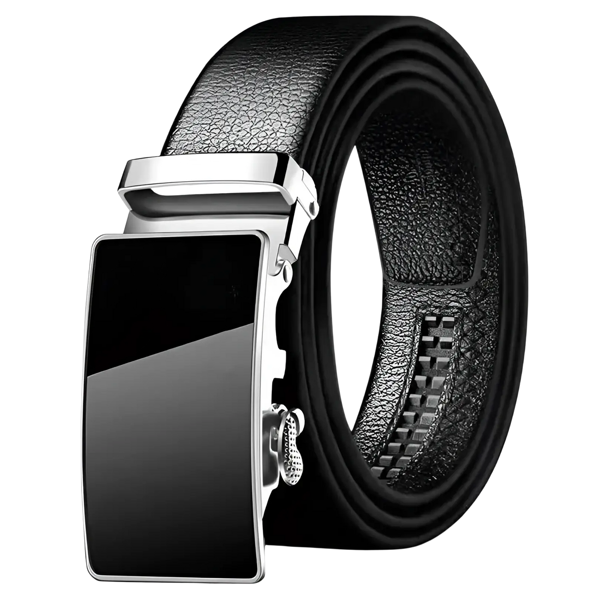 Men leather belt with black pu waistband and sleek silver-toned automatic buckle featuring a black glossy accent panel