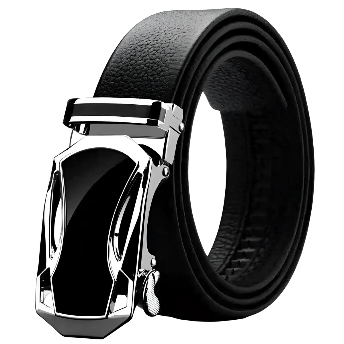 Black leather belt with a sleek silver-toned automatic buckle and modern geometric design for men waistband