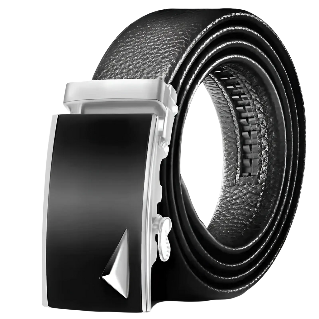 Men leather belt with black PU waistband and sleek silver-toned automatic buckle featuring triangular accent