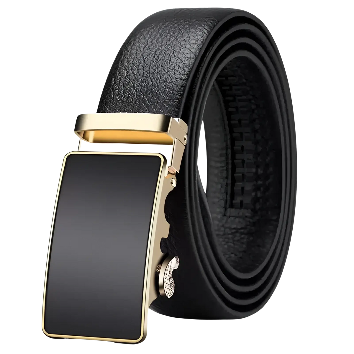 Men leather belt with black PU waistband and gold-toned automatic buckle featuring silver paisley accent