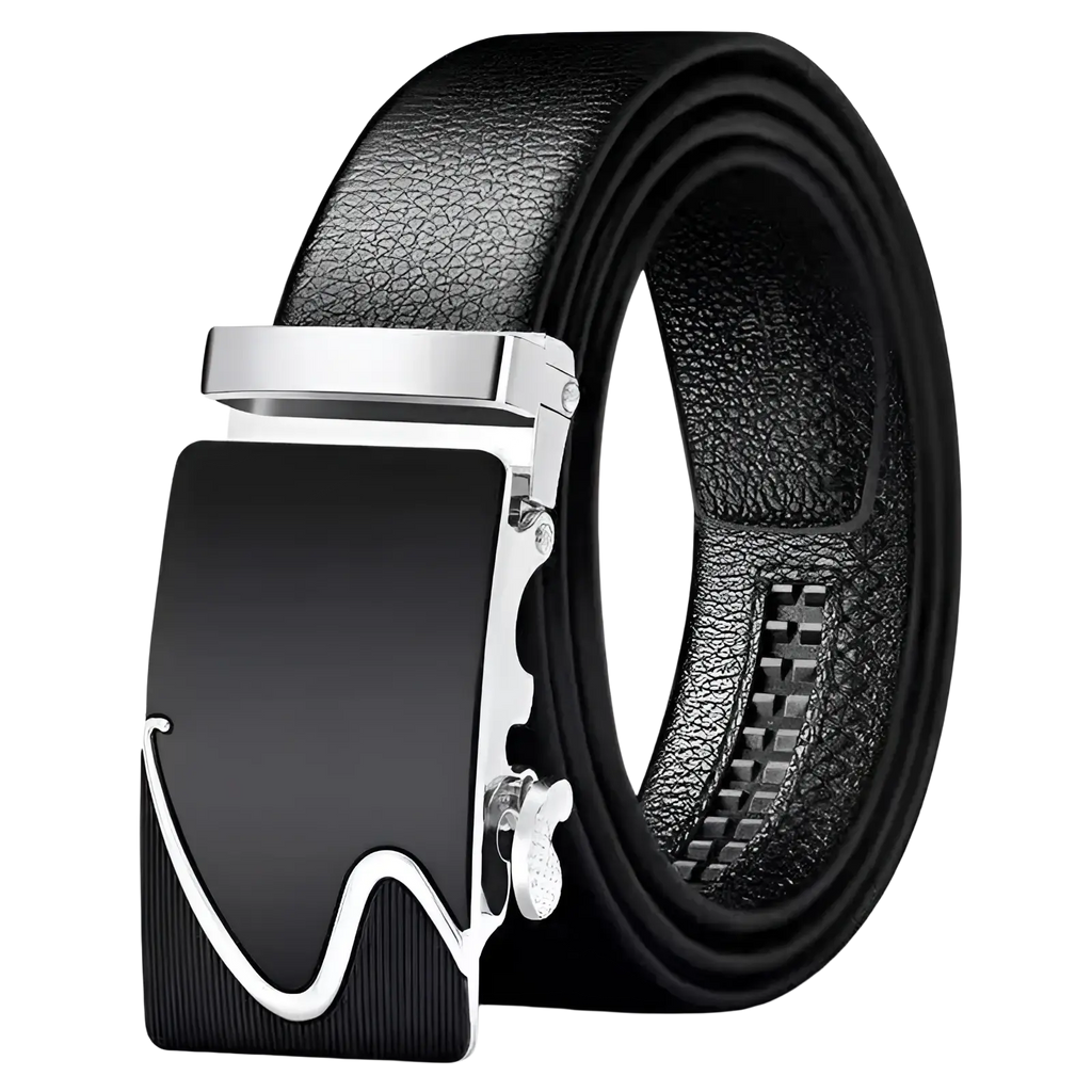 Black leather men belt with sleek silver automatic buckle and elegant white wave design black pu waistband
