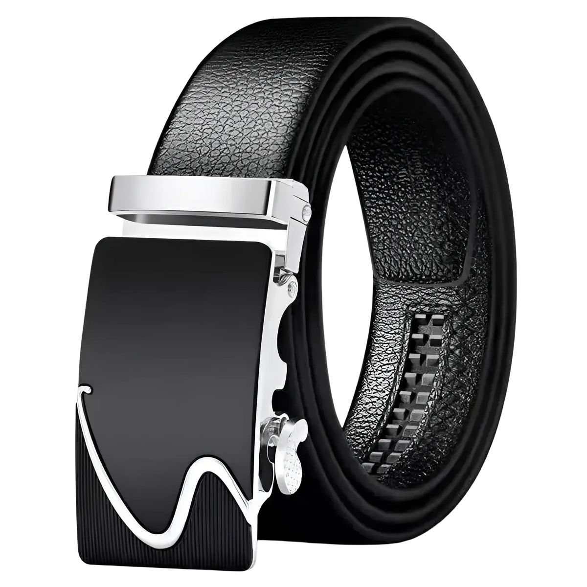 Black leather men belt with sleek silver automatic buckle and elegant white wave design black pu waistband