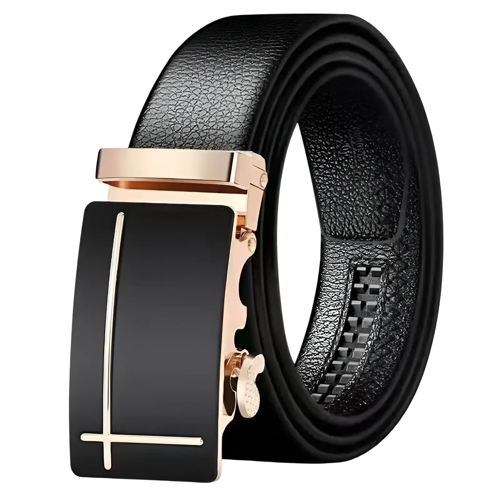 Men leather belt with black pu waistband and sleek rose gold automatic buckle with minimalist silver lines on black plate