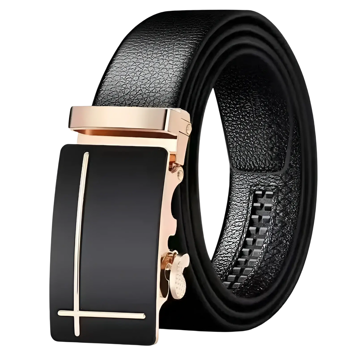 Men leather belt with black pu waistband and sleek rose gold automatic buckle with minimalist silver lines on black plate