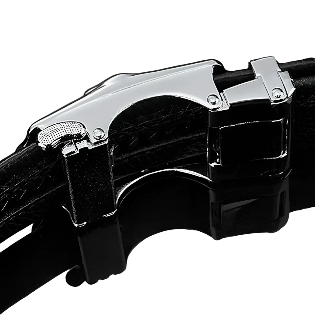 Men leather belt automatic buckle in black PU with sleek silver-toned textured grip and polished metal finish