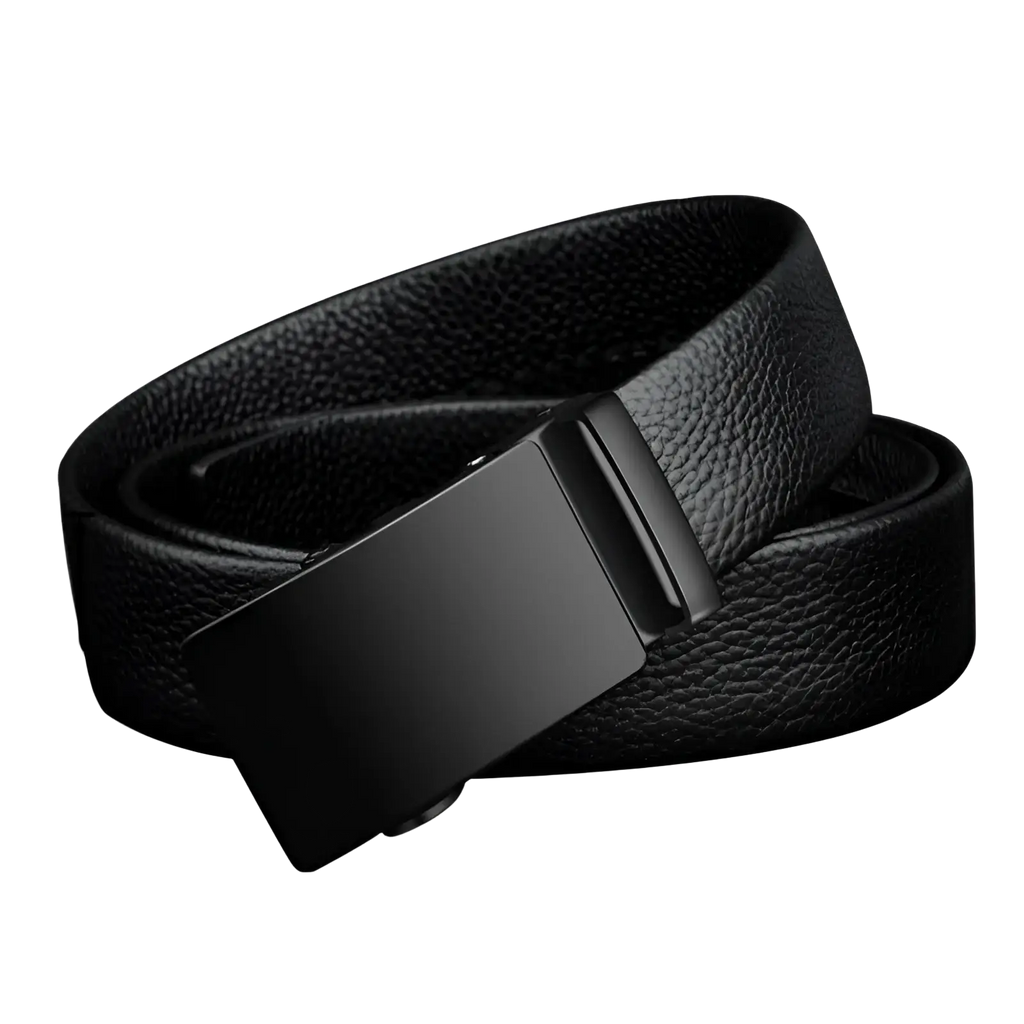 Black leather men belt with a matte black automatic rectangular buckle and black PU waistband for waist support