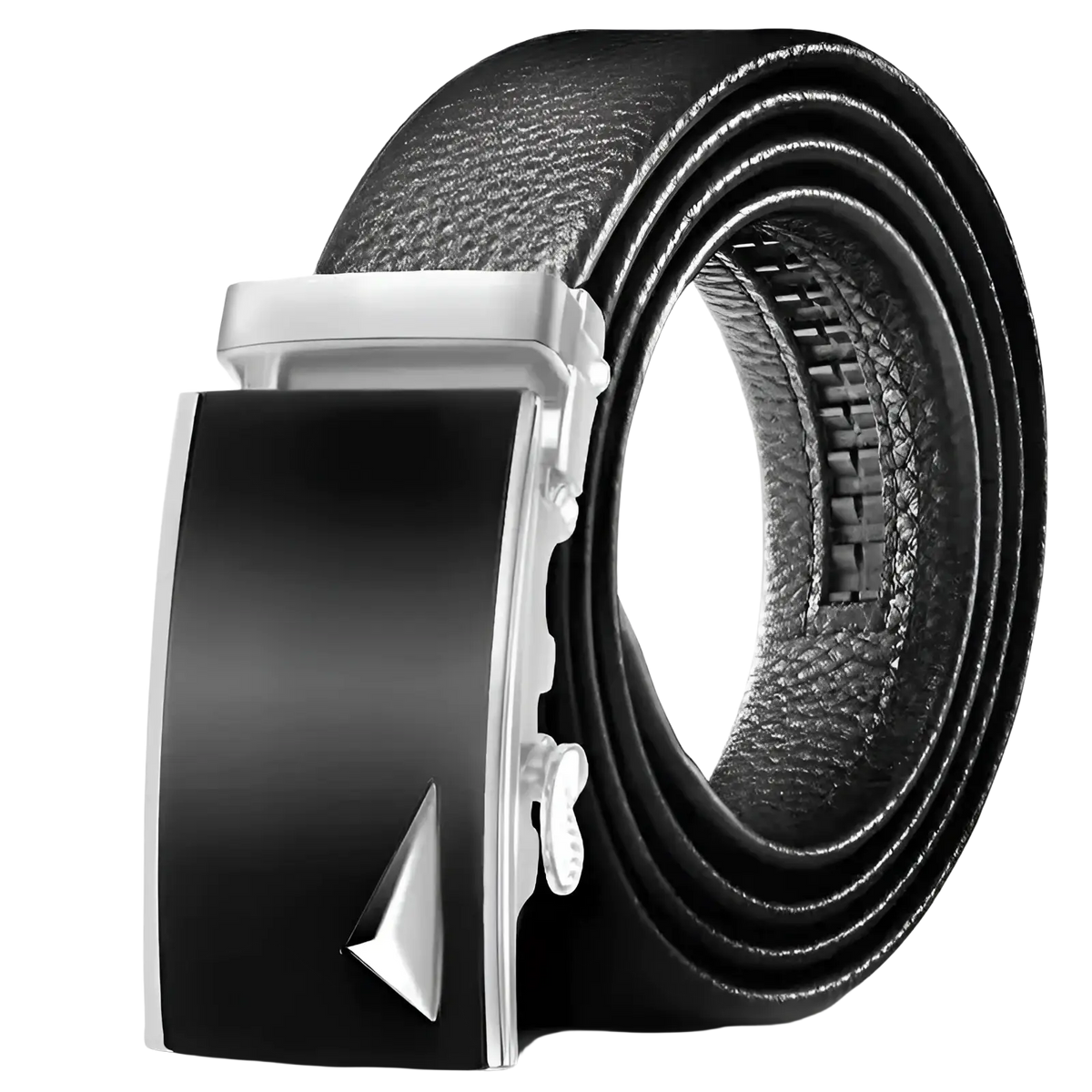 Men leather belt with black pu waistband and sleek silver-toned automatic buckle featuring a triangular accent