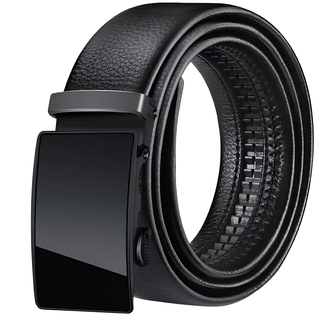 Black leather belt with sleek matte-finish automatic metal buckle for men made of pu waistband material