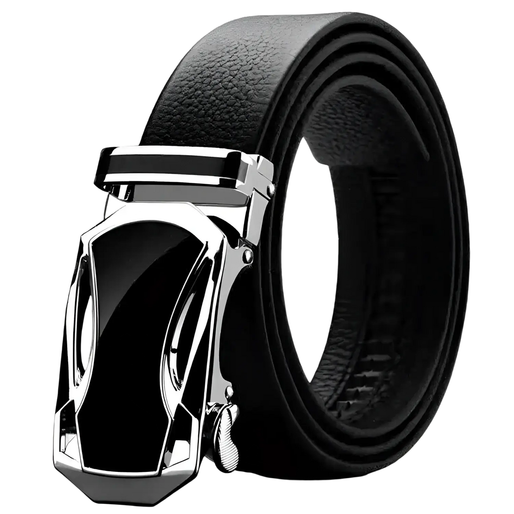 Black leather men leather belt with sleek silver-toned automatic buckle made of pu waistband material