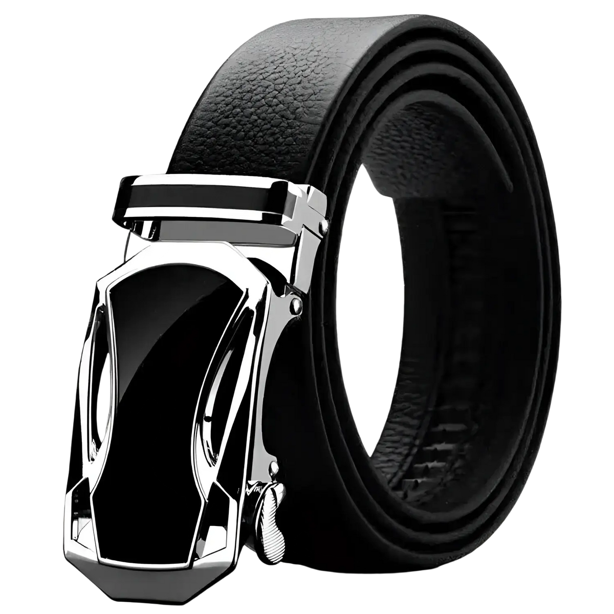 Black leather men leather belt with sleek silver-toned automatic buckle made of pu waistband material