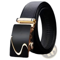 Men leather belt automatic buckle black pu waistband with gold-toned curved buckle and diamond accent