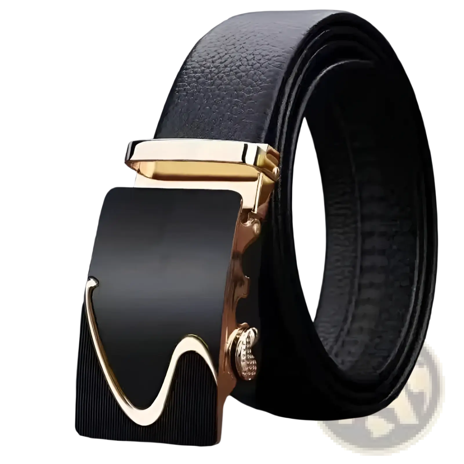 Men leather belt automatic buckle black pu waistband with gold-toned curved buckle and diamond accent