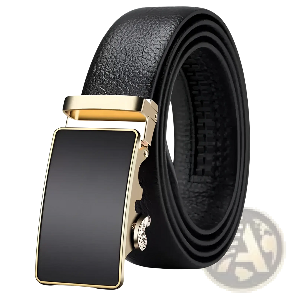 Men leather belt with black pu waistband and gold-toned automatic buckle with silver paisley accent