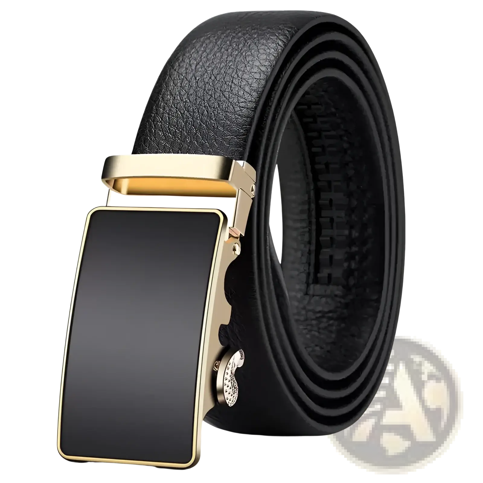 Men leather belt with black pu waistband and gold-toned automatic buckle with silver paisley accent