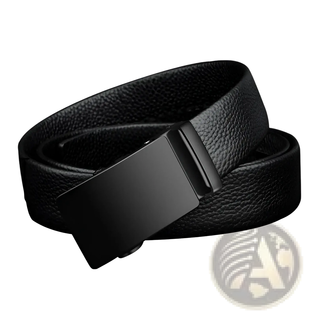 Black leather men belt with a matte black automatic rectangular buckle and black PU waistband for waist support