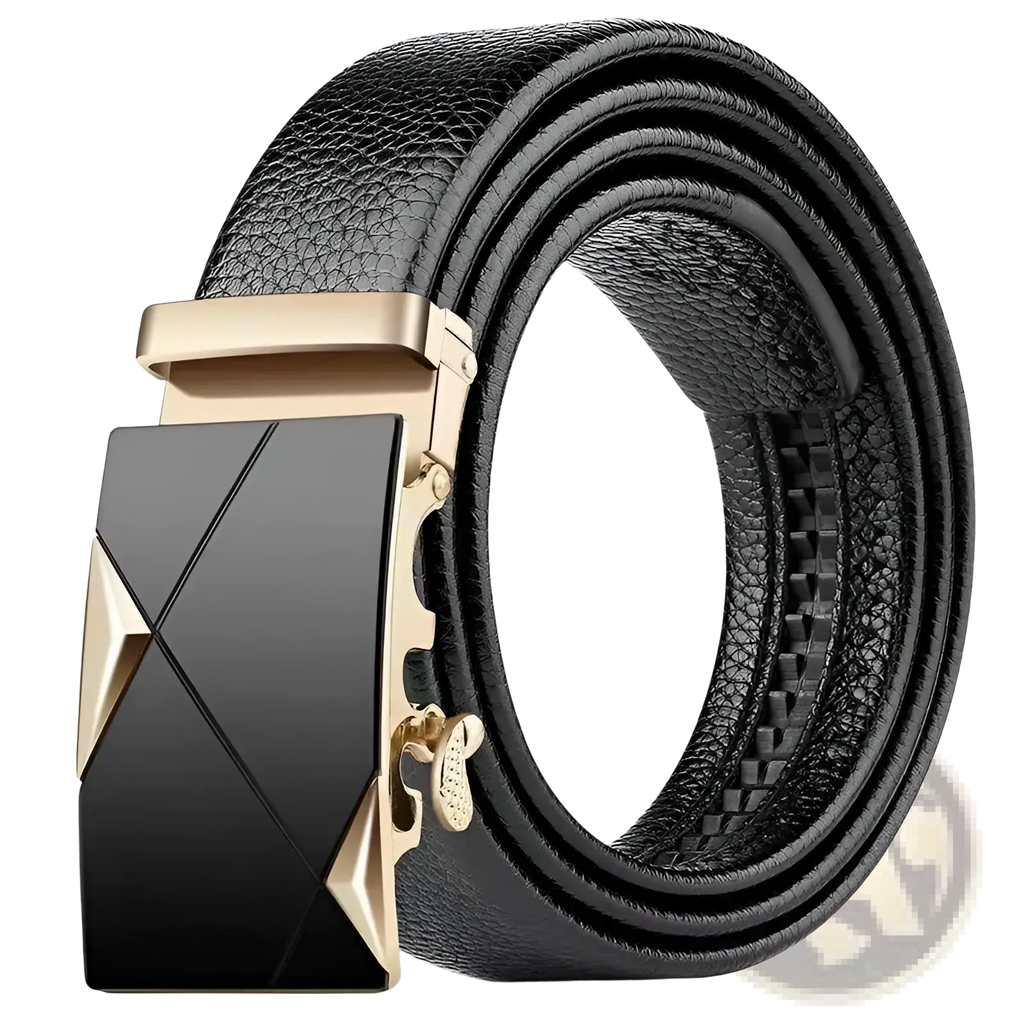 Men leather belt with black pu waistband and gold-tone geometric automatic buckle for formal wear