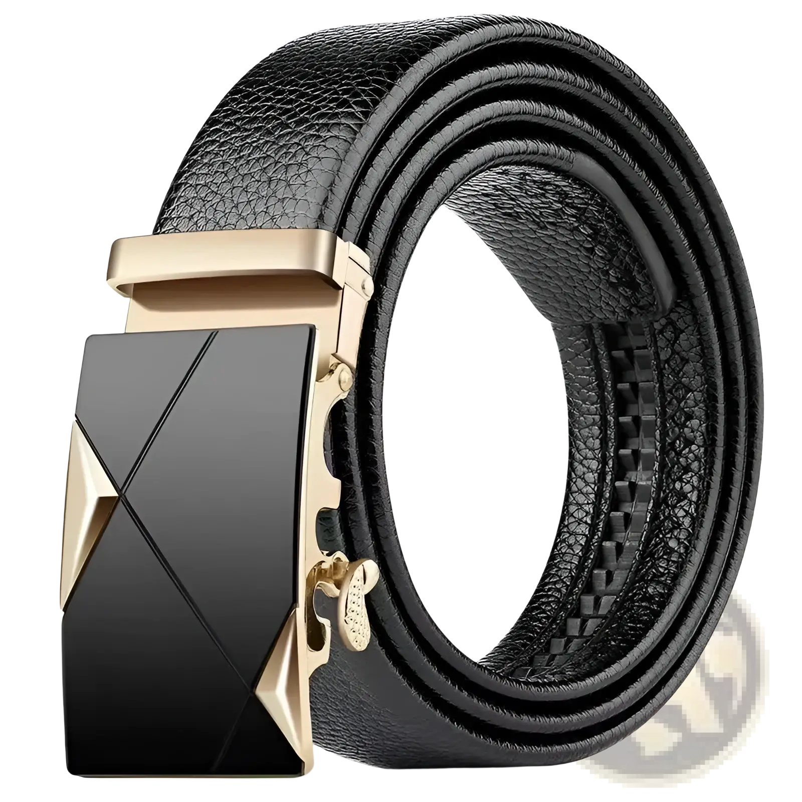 Men leather belt with black pu waistband and gold-tone geometric automatic buckle for formal wear