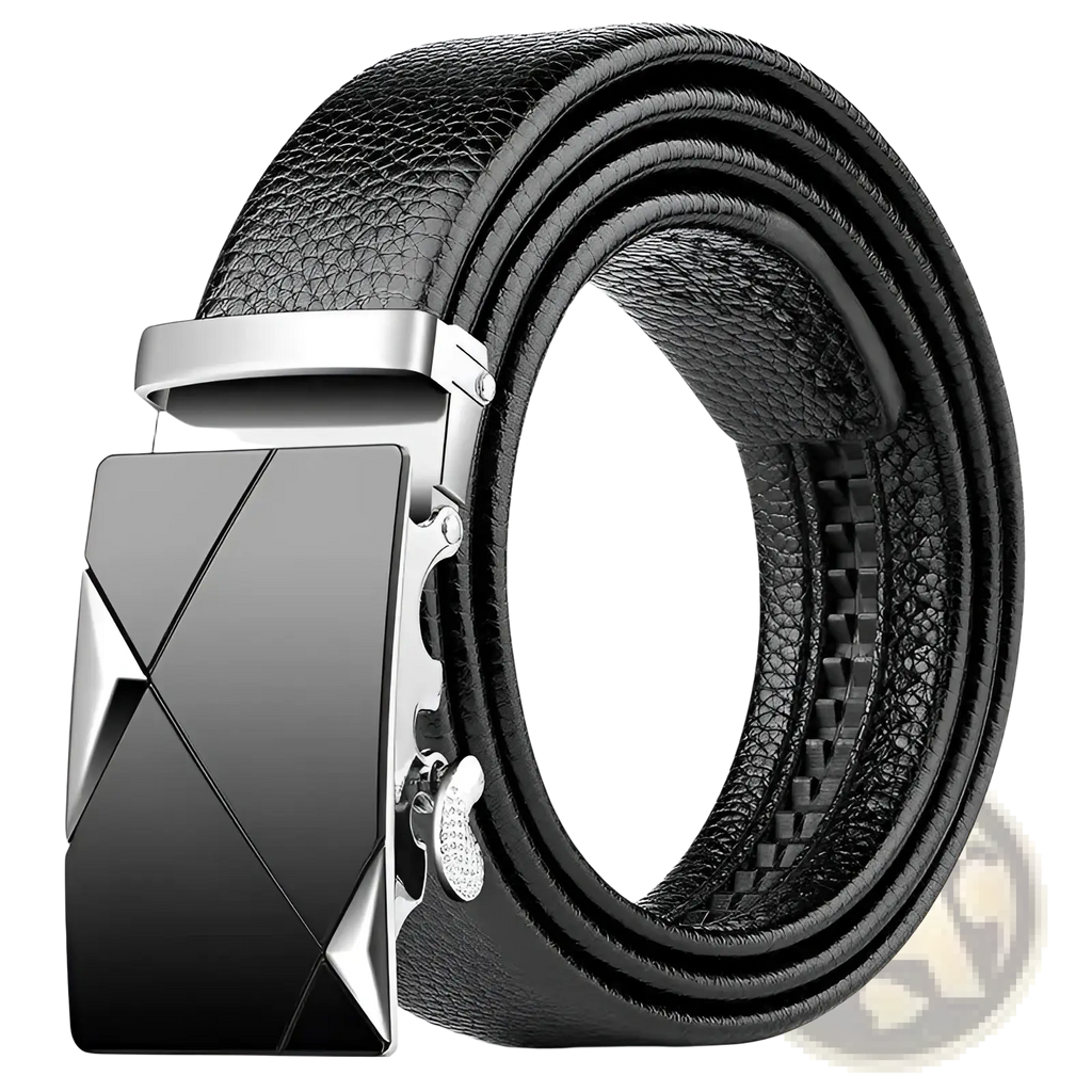 Men leather belt in black pu with a sleek geometrically patterned silver-toned automatic buckle