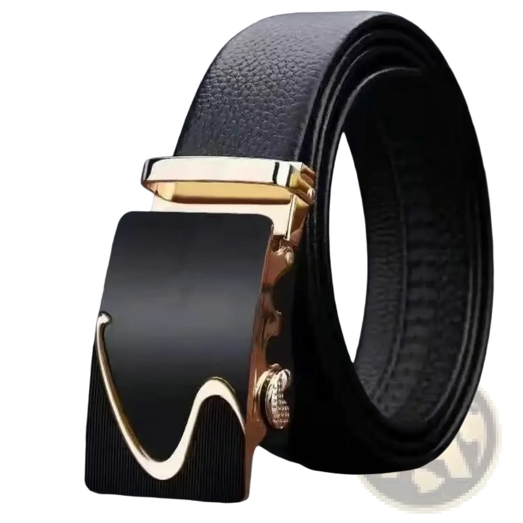 Men leather belt black pu waistband with gold-toned automatic buckle featuring curved design and diamond accent