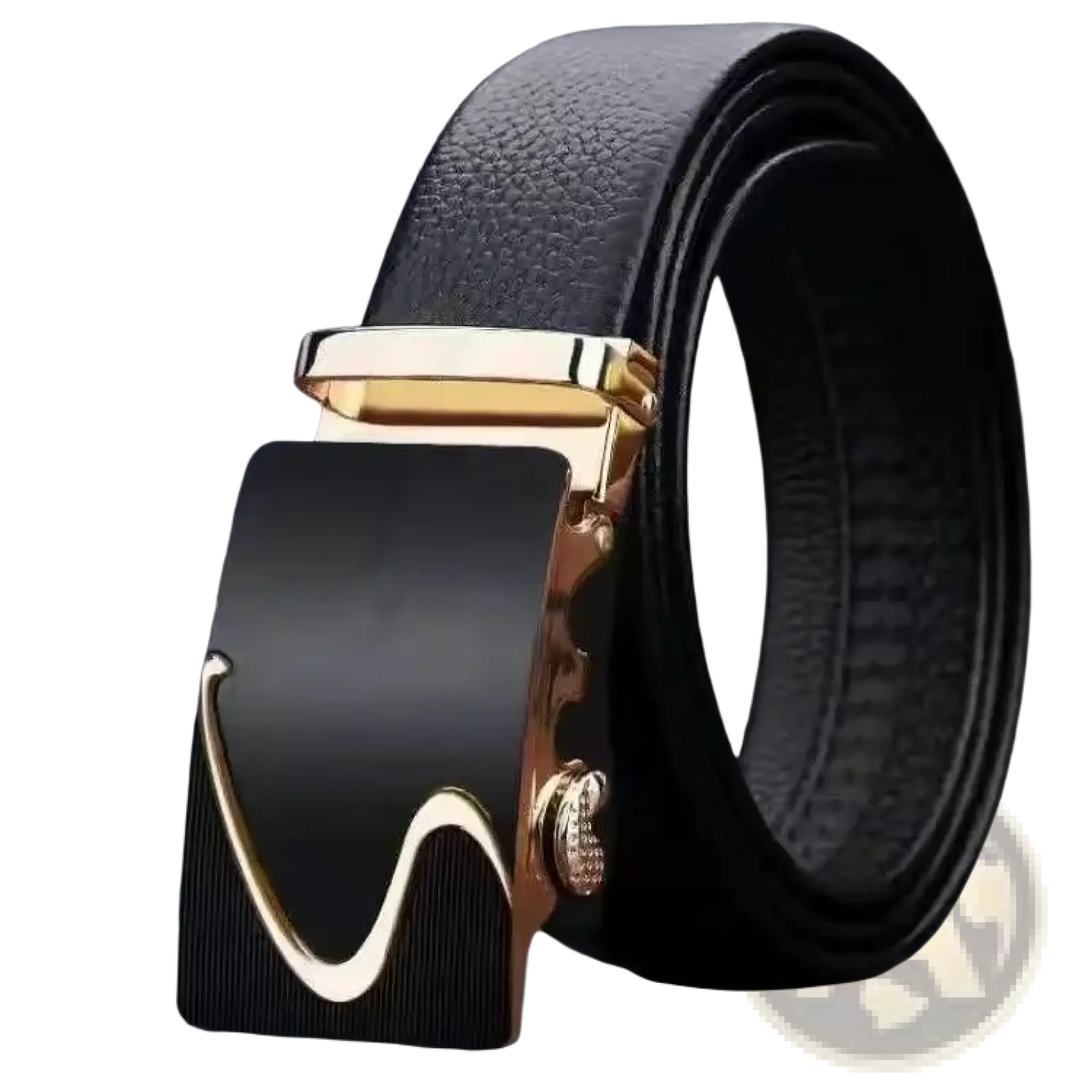 Men leather belt black pu waistband with gold-toned automatic buckle featuring curved design and diamond accent