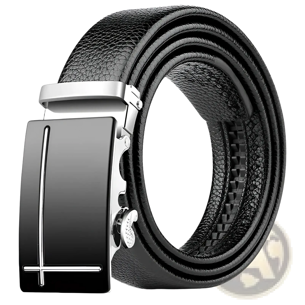 Men leather belt with a sleek automatic buckle featuring a glossy black plate and polished silver hardware