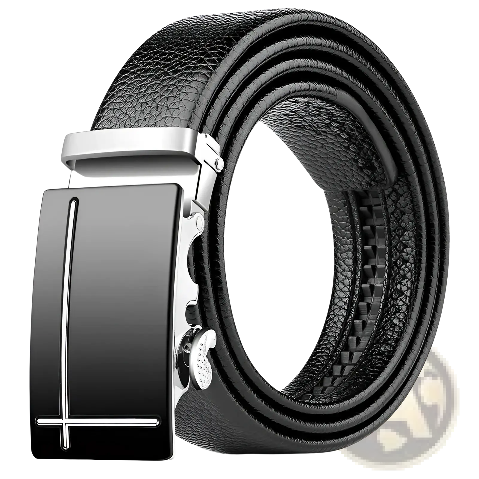 Men leather belt with a sleek automatic buckle featuring a glossy black plate and polished silver hardware