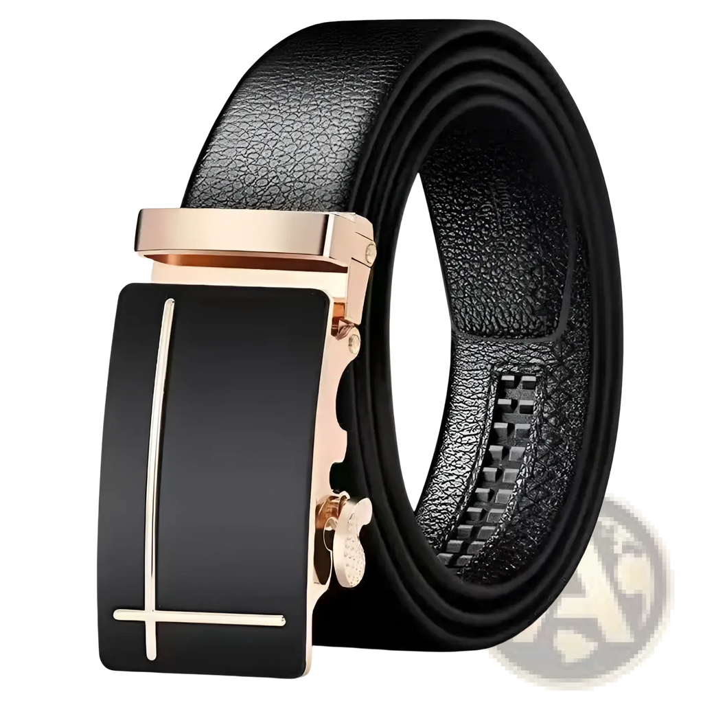 Men leather belt with black pu waistband and sleek rose gold automatic buckle with minimalist silver lines on black plate