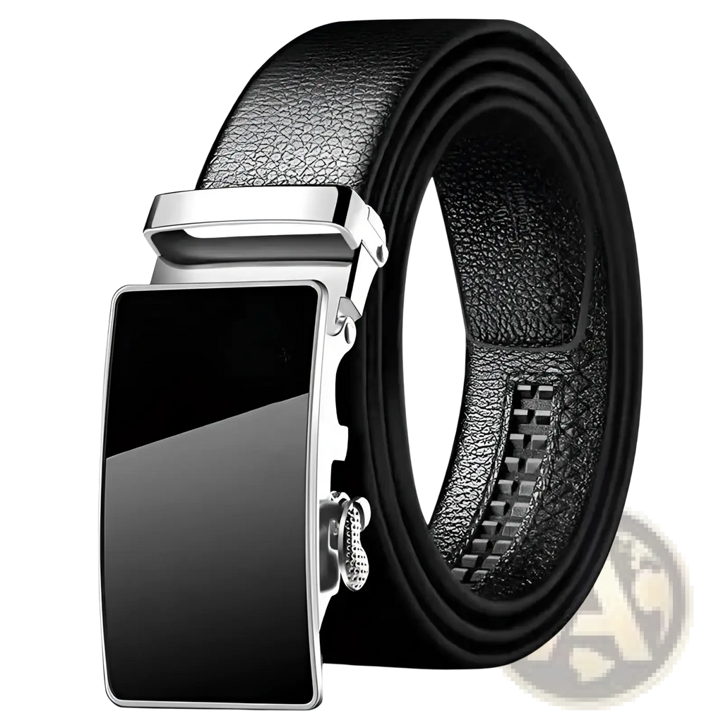 Men leather belt with black PU waistband and sleek silver-toned automatic buckle featuring black glossy accent panel