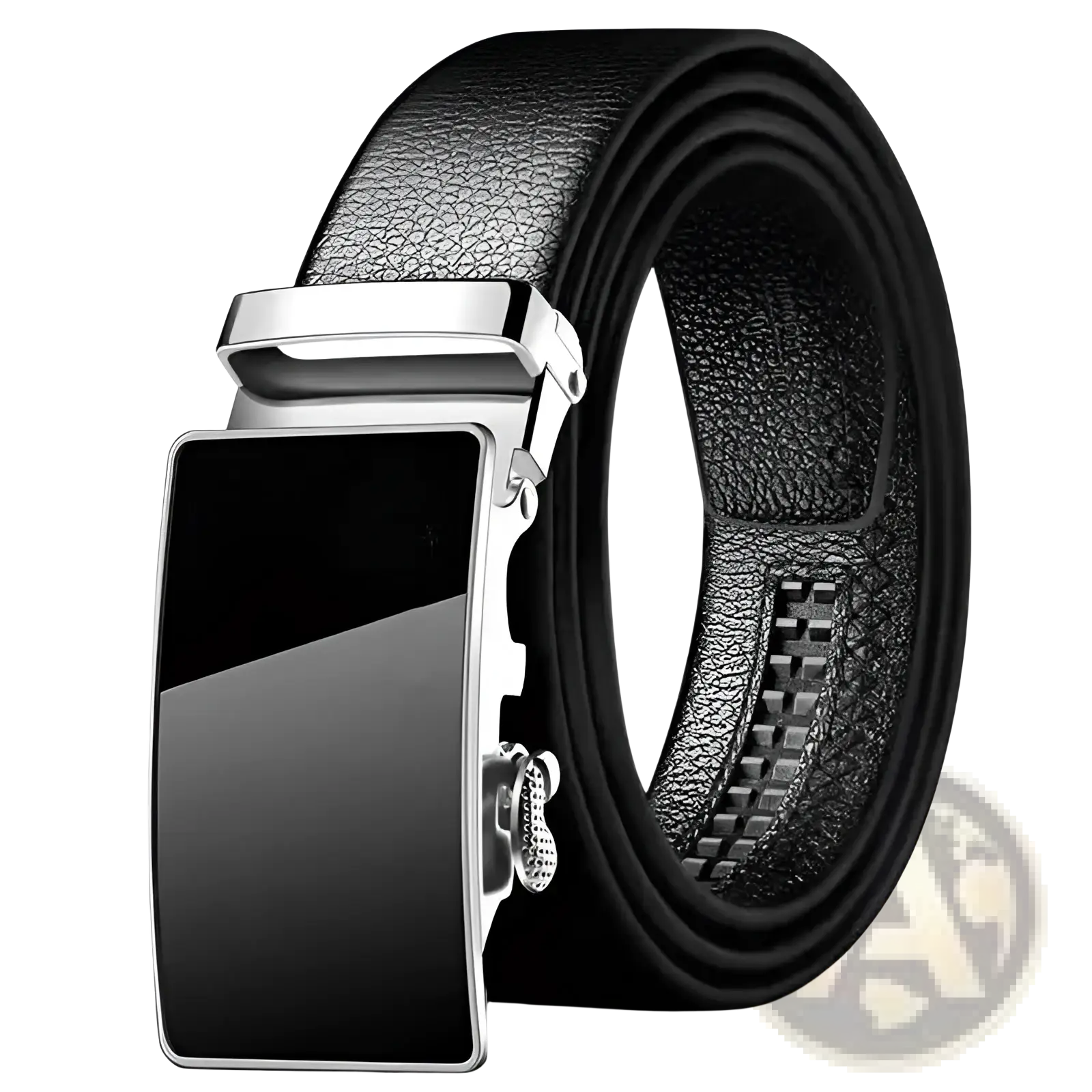 Men leather belt with black PU waistband and sleek silver-toned automatic buckle featuring black glossy accent panel