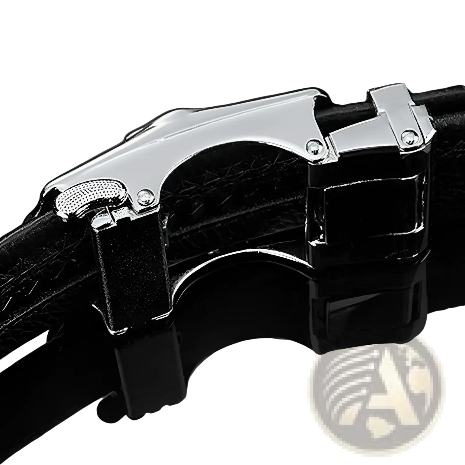 Men leather belt automatic buckle in black PU with sleek silver-toned textured grip and polished metal finish