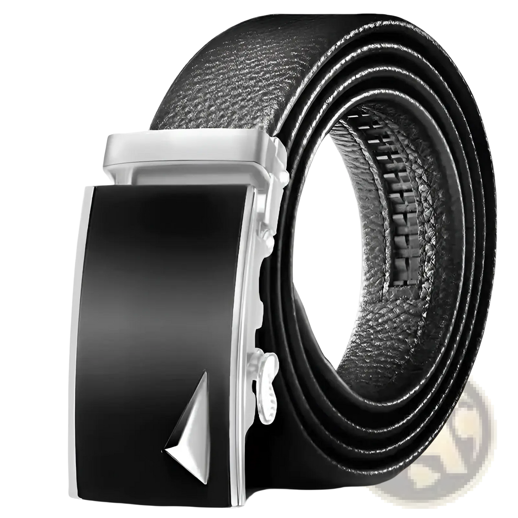 Men leather belt with black PU waistband and sleek silver-toned automatic buckle featuring triangular accent
