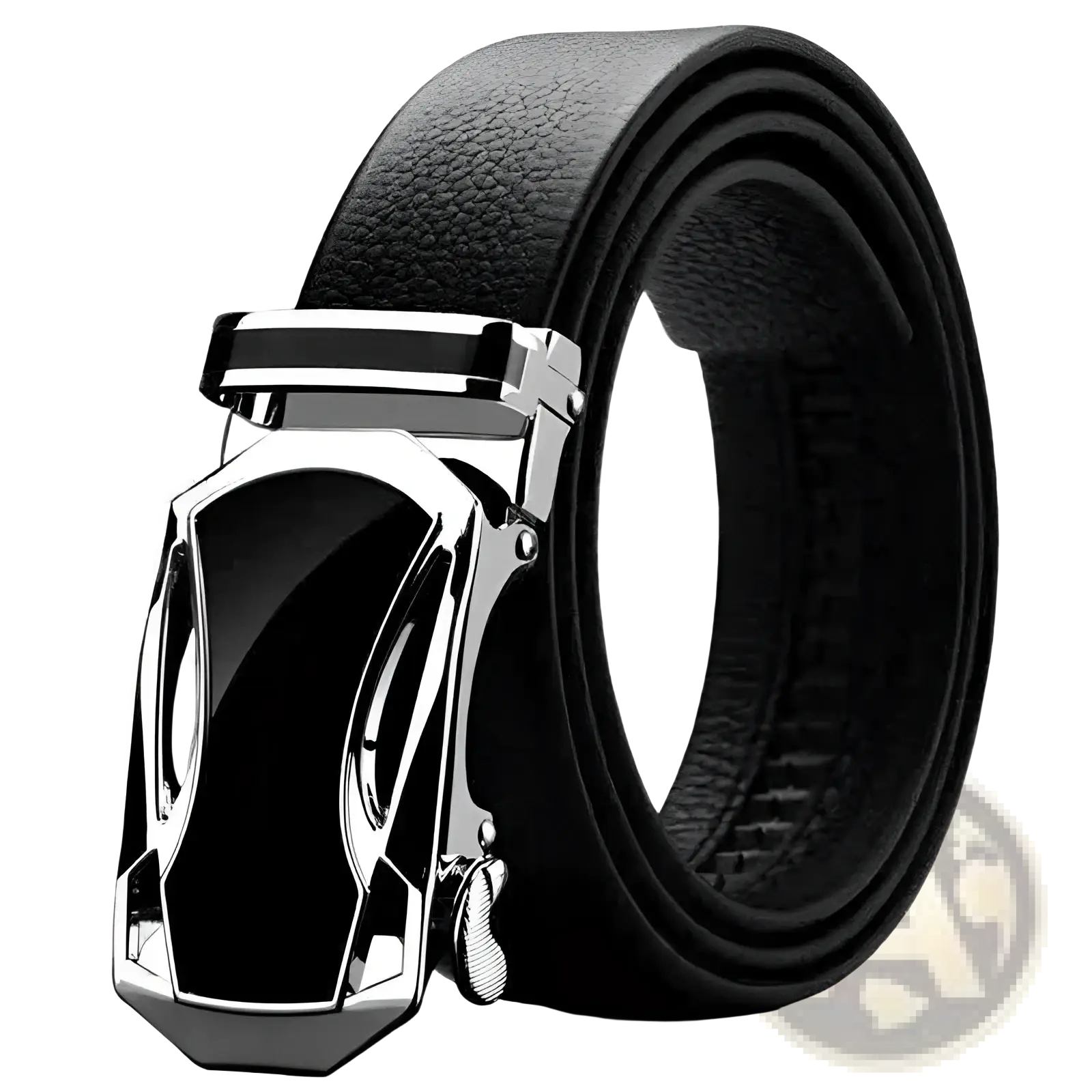 Black leather belt with a sleek silver-toned automatic buckle and modern geometric design for men waistband