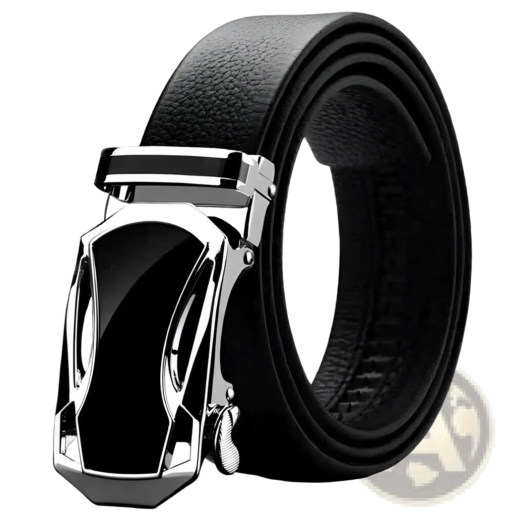 Black leather belt with a sleek silver-toned automatic buckle featuring a modern geometric design for men