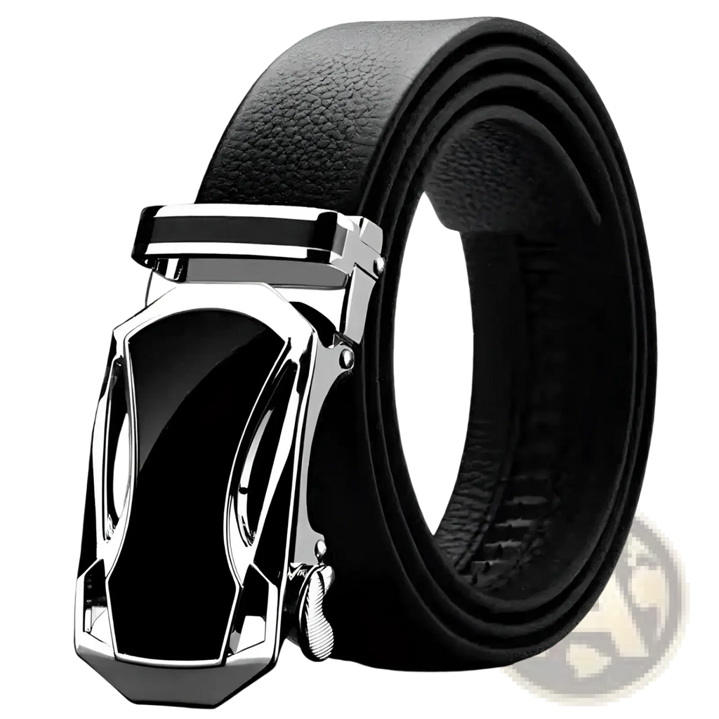 Black leather men leather belt with sleek silver-toned automatic buckle made of pu waistband material