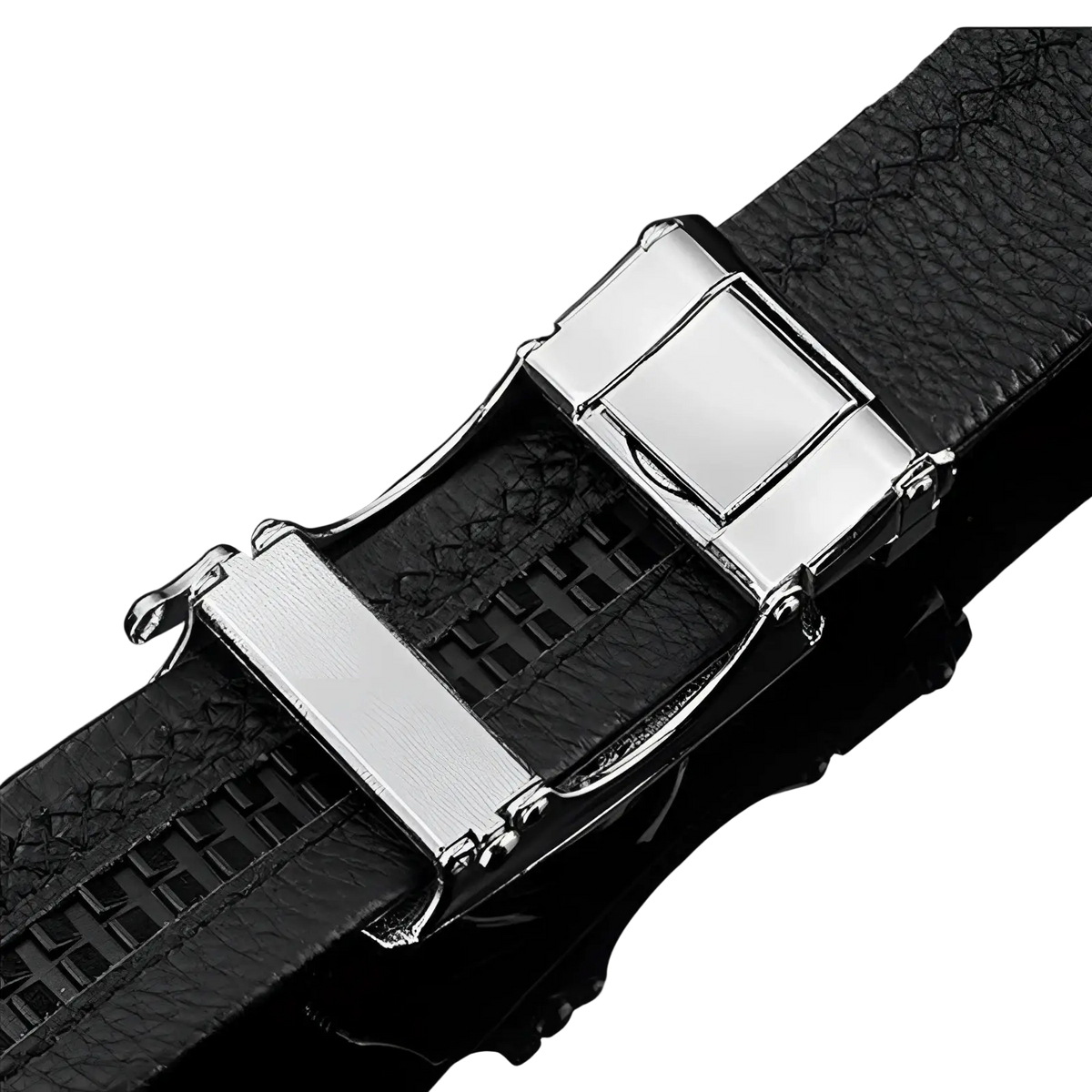 Black textured leather men leather belt with sleek silver-toned automatic buckle and black pu waistband